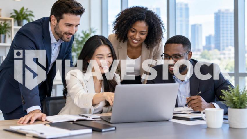 Business collaboration stock image with descriptive metadata