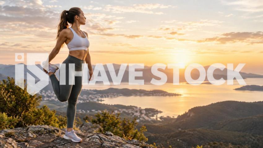 Fitness woman stretching at mountain sunrise stock photograph