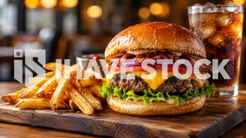 Gourmet cheeseburger restaurant food stock photo for commercial design