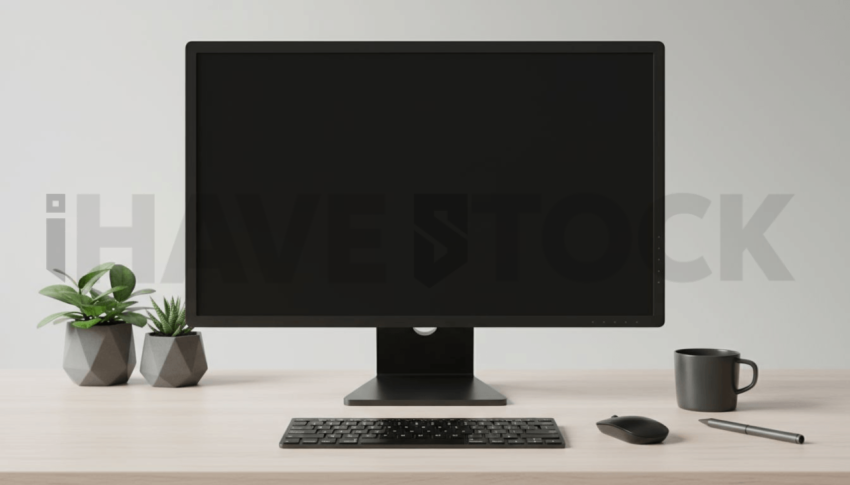 Cinematic landing page   UI concept — desktop monitor screen 100  empty mockup screen, premium minimalist workspace — premium digital advertising asset #0145