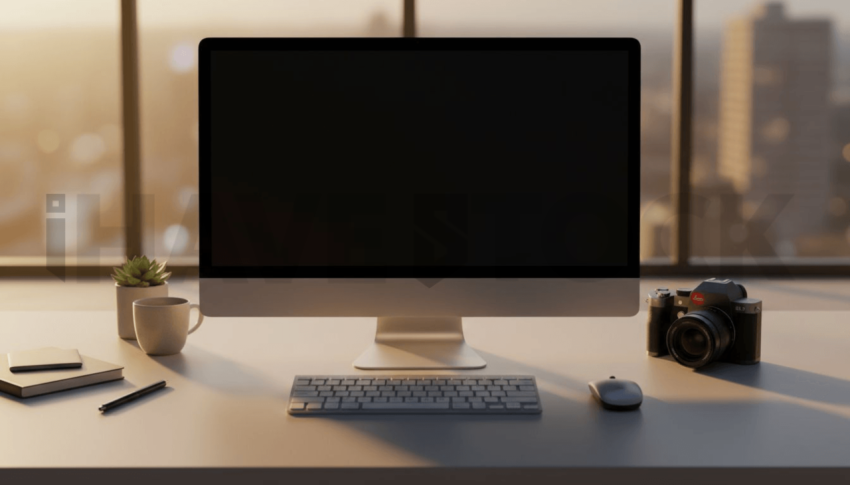 Cinematic landing page   UI concept — desktop monitor screen 100  empty mockup screen, modern SaaS office environment — premium digital advertising asset #0151