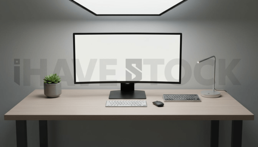 Cinematic landing page   UI concept — desktop monitor screen 100  empty mockup screen, premium minimalist workspace — premium digital advertising asset #0193
