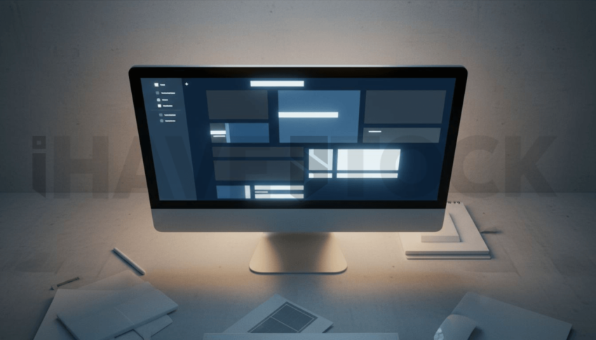 Cinematic landing page   UI concept — desktop monitor screen UI concept screen (shape layout, no text), digital product design studio — premium digital advertising asset #0150