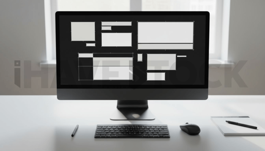 Cinematic landing page   UI concept — desktop monitor screen UI concept screen (shape layout, no text), digital product design studio — premium digital advertising asset #0154