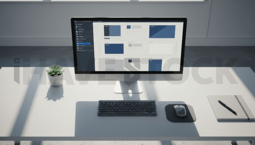 Cinematic landing page   UI concept — desktop monitor screen UI concept screen (shape layout, no text), modern SaaS office environment — premium digital advertising asset #0196