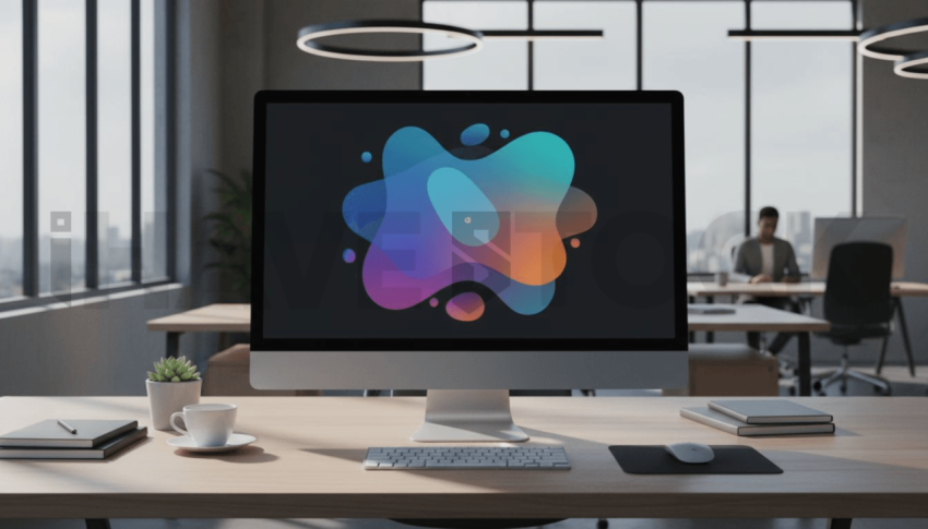 Cinematic landing page   UI concept — desktop monitor screen UI concept screen (shape layout, no text), modern SaaS office environment — premium digital advertising asset #0140