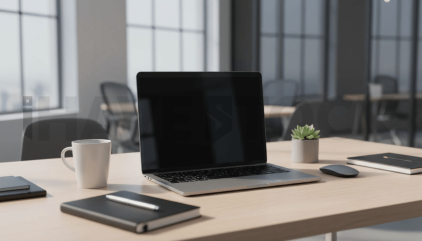 Cinematic landing page   UI concept — laptop screen 100  empty mockup screen, modern SaaS office environment — premium digital advertising asset #0141