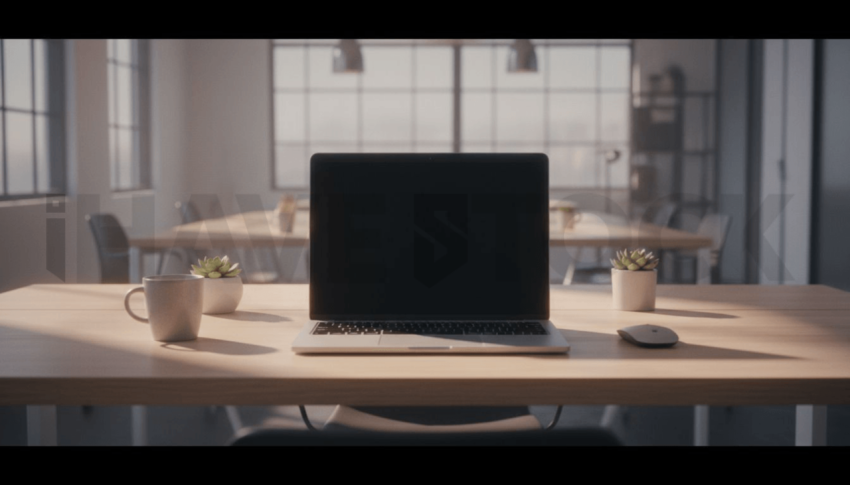 Cinematic landing page   UI concept — laptop screen 100  empty mockup screen, modern SaaS office environment — premium digital advertising asset #0155