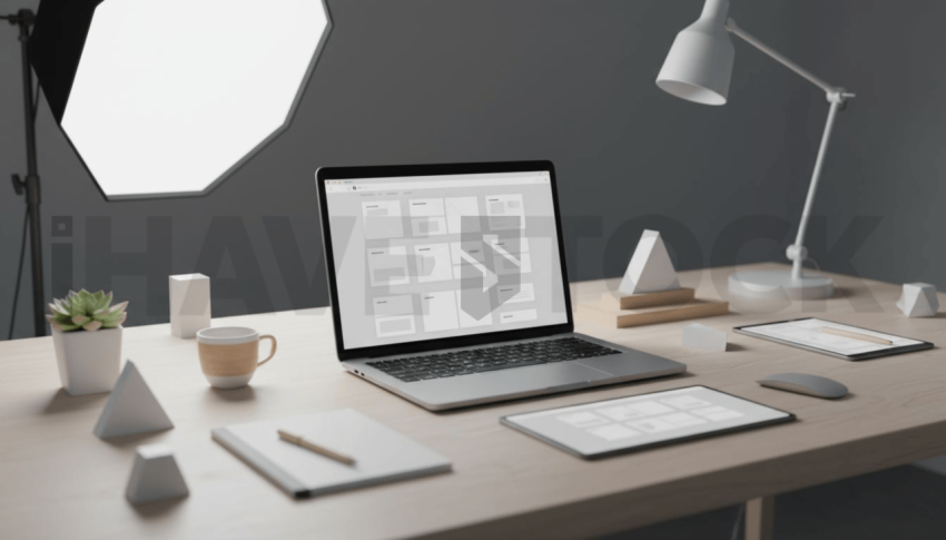 Cinematic landing page   UI concept — laptop screen UI concept screen (shape layout, no text), creative startup workspace — premium digital advertising asset #0170