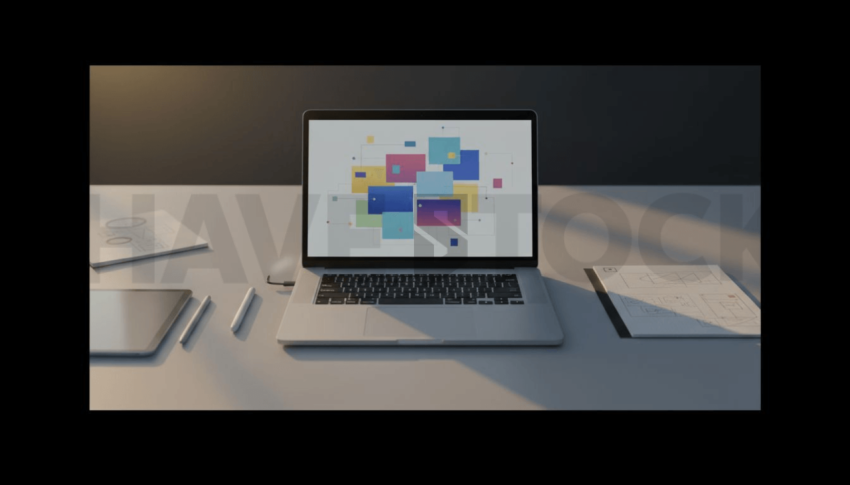 Cinematic landing page   UI concept — laptop screen UI concept screen (shape layout, no text), digital product design studio — premium digital advertising asset #0174