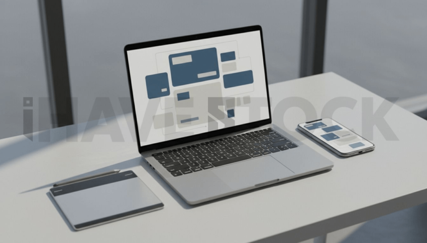 Cinematic landing page   UI concept — laptop screen UI concept screen (shape layout, no text), digital product design studio — premium digital advertising asset #0168