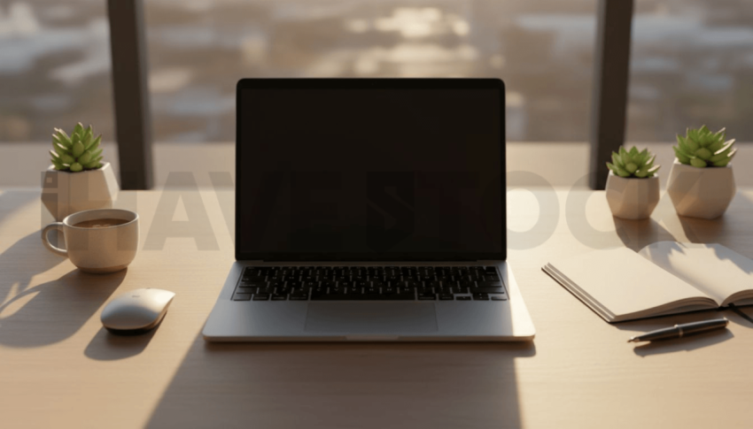 Cinematic landing page   UI concept — laptop screen 100  empty mockup screen, clean tech workspace with natural light — premium digital advertising asset #0165