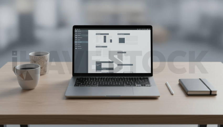 Cinematic landing page   UI concept — laptop screen UI concept screen (shape layout, no text), premium minimalist workspace — premium digital advertising asset #0118