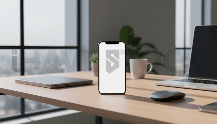 Cinematic landing page   UI concept — smartphone screen 100  empty mockup screen, modern SaaS office environment — premium digital advertising asset #0137