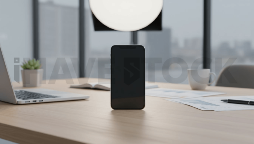 Cinematic landing page   UI concept — smartphone screen 100  empty mockup screen, modern SaaS office environment — premium digital advertising asset #0181