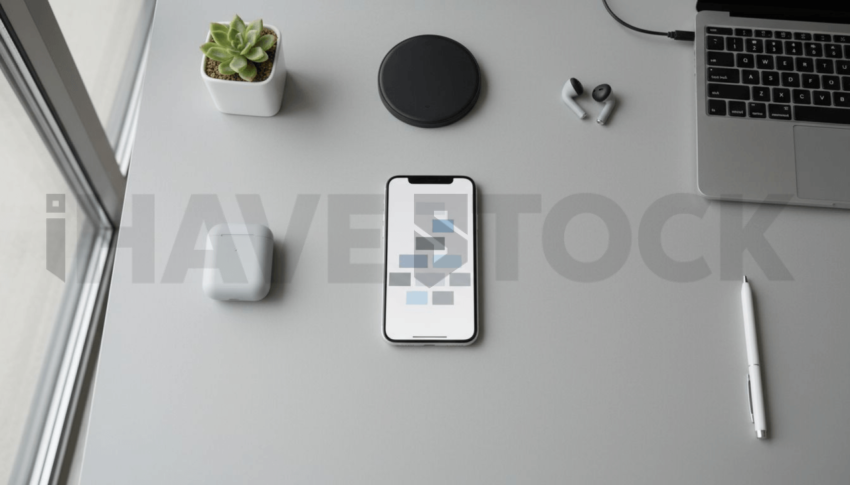 Cinematic landing page   UI concept — smartphone screen UI concept screen (shape layout, no text), clean tech workspace with natural light — premium digital advertising asset #0178