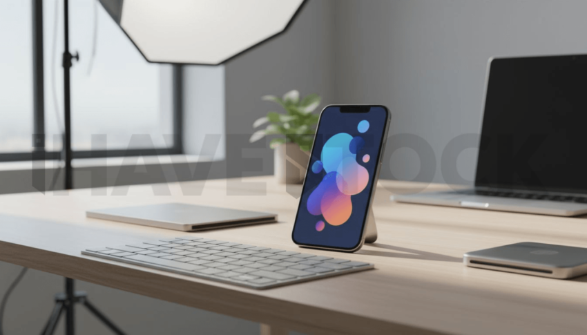 Cinematic landing page   UI concept — smartphone screen UI concept screen (shape layout, no text), clean tech workspace with natural light — premium digital advertising asset #0152