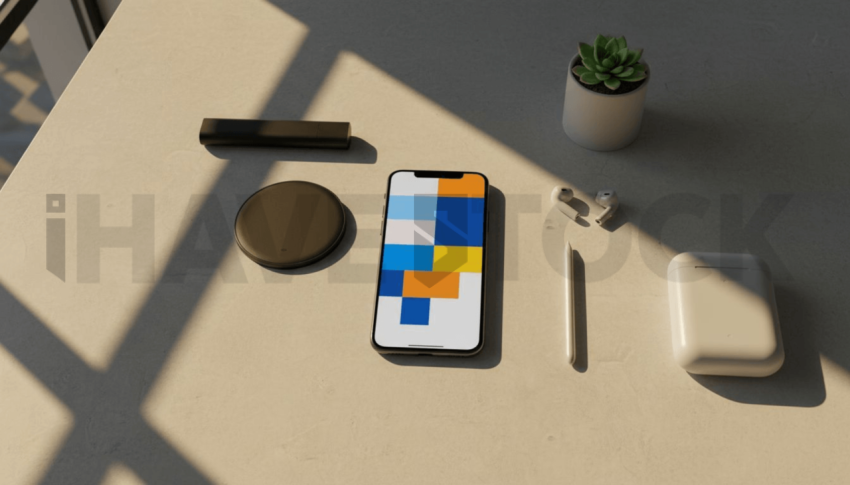 Cinematic landing page   UI concept — smartphone screen UI concept screen (shape layout, no text), clean tech workspace with natural light — premium digital advertising asset #0160