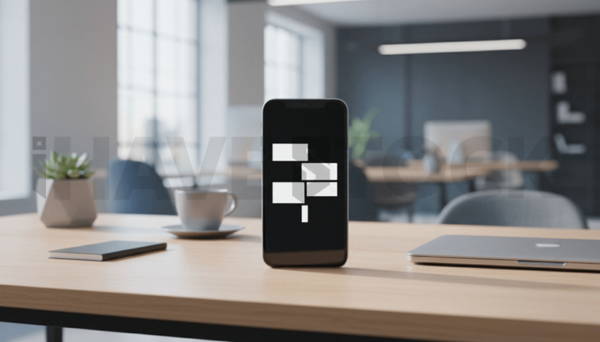 Cinematic landing page   UI concept — smartphone screen UI concept screen (shape layout, no text), modern SaaS office environment — premium digital advertising asset #0166