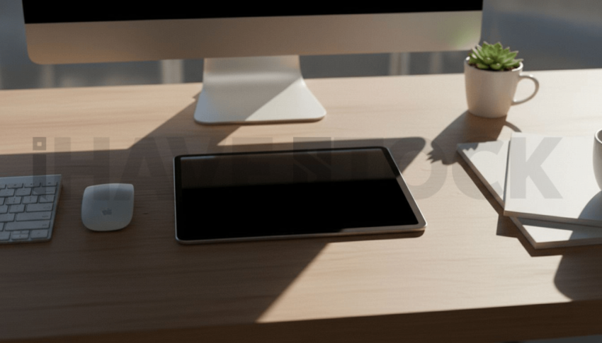 Cinematic landing page   UI concept — tablet screen 100  empty mockup screen, clean tech workspace with natural light — premium digital advertising asset #0135