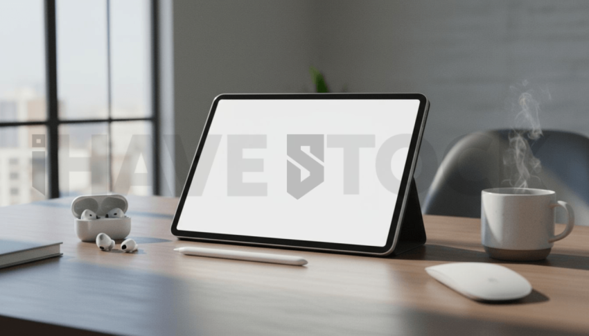 Cinematic landing page   UI concept — tablet screen 100  empty mockup screen, clean tech workspace with natural light — premium digital advertising asset #0185