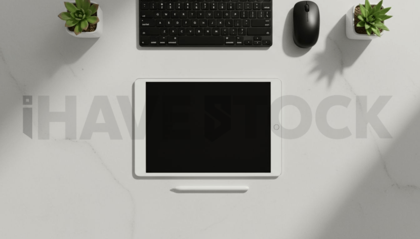 Cinematic landing page   UI concept — tablet screen 100  empty mockup screen, clean tech workspace with natural light — premium digital advertising asset #0177