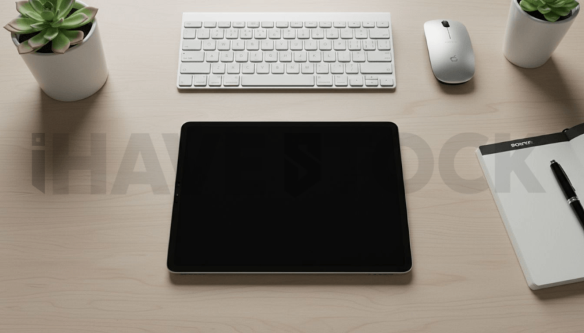 Cinematic landing page   UI concept — tablet screen 100  empty mockup screen, clean tech workspace with natural light — premium digital advertising asset #0171