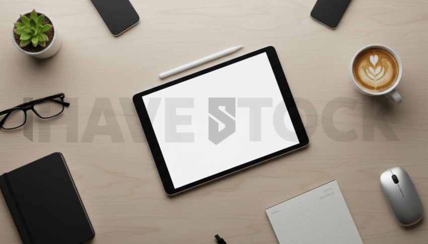 Cinematic landing page   UI concept — tablet screen 100  empty mockup screen, creative startup workspace — premium digital advertising asset #0173