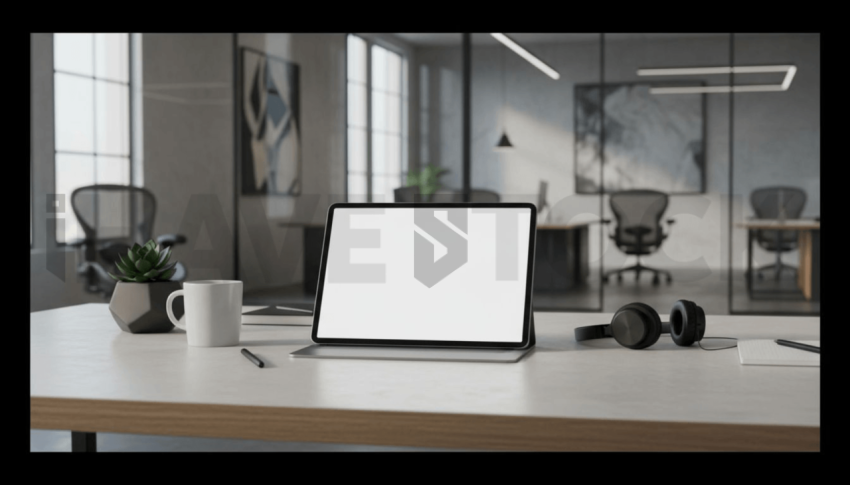 Cinematic landing page   UI concept — tablet screen 100  empty mockup screen, modern SaaS office environment — premium digital advertising asset #0195