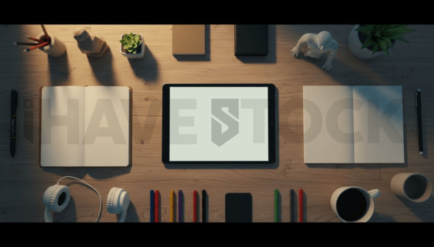 Cinematic landing page   UI concept — tablet screen 100  empty mockup screen, creative startup workspace — premium digital advertising asset #0189