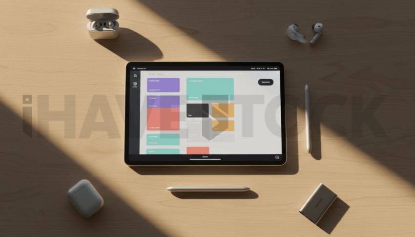 Cinematic landing page   UI concept — tablet screen UI concept screen (shape layout, no text), clean tech workspace with natural light — premium digital advertising asset #0184