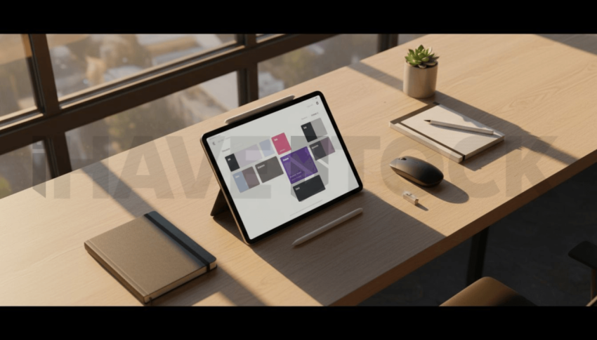 Cinematic landing page   UI concept — tablet screen UI concept screen (shape layout, no text), clean tech workspace with natural light — premium digital advertising asset #0180