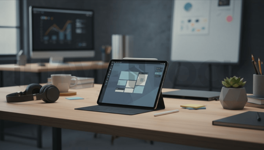 Cinematic landing page   UI concept — tablet screen UI concept screen (shape layout, no text), creative startup workspace — premium digital advertising asset #0176