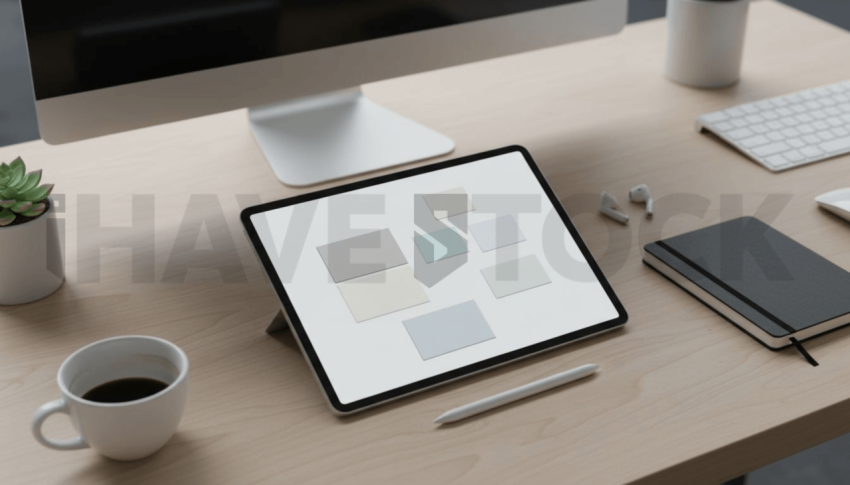 Cinematic landing page   UI concept — tablet screen UI concept screen (shape layout, no text), creative startup workspace — premium digital advertising asset #0164
