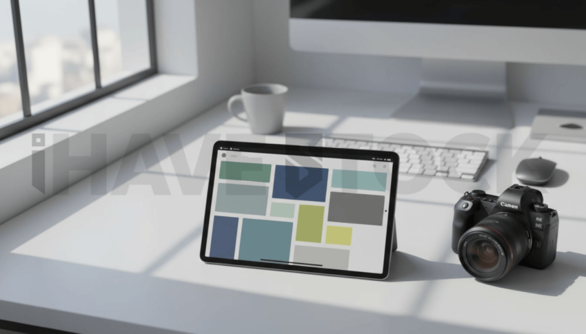 Cinematic landing page   UI concept — tablet screen UI concept screen (shape layout, no text), clean tech workspace with natural light — premium digital advertising asset #0134