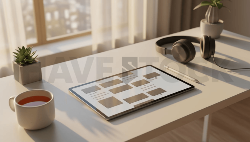 Cinematic landing page   UI concept — tablet screen UI concept screen (shape layout, no text), premium minimalist workspace — premium digital advertising asset #0146