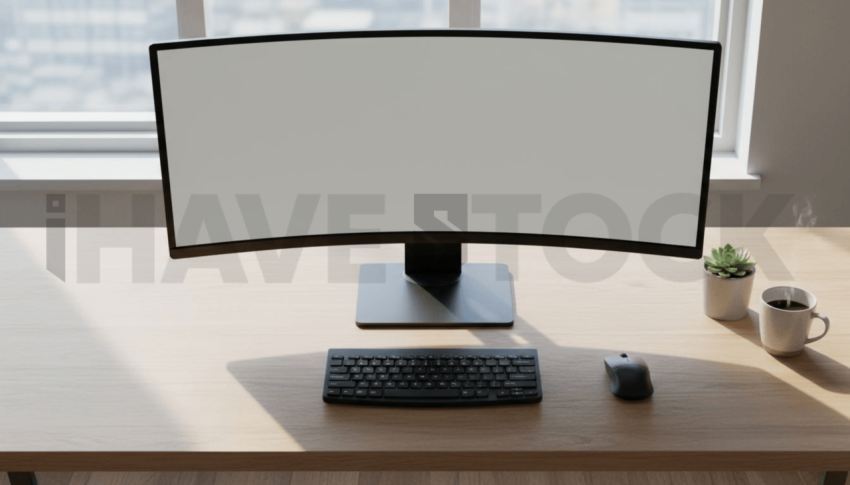 Cinematic landing page   UI concept — ultrawide display screen 100  empty mockup screen, clean tech workspace with natural light — premium digital advertising asset #0153