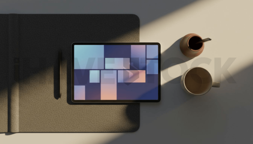 Cinematic landing page   UI concept — tablet screen UI concept screen (shape layout, no text), premium minimalist workspace — premium digital advertising asset #0190