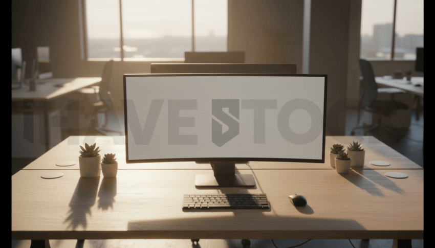 Cinematic landing page   UI concept — ultrawide display screen 100  empty mockup screen, modern SaaS office environment — premium digital advertising asset #0149