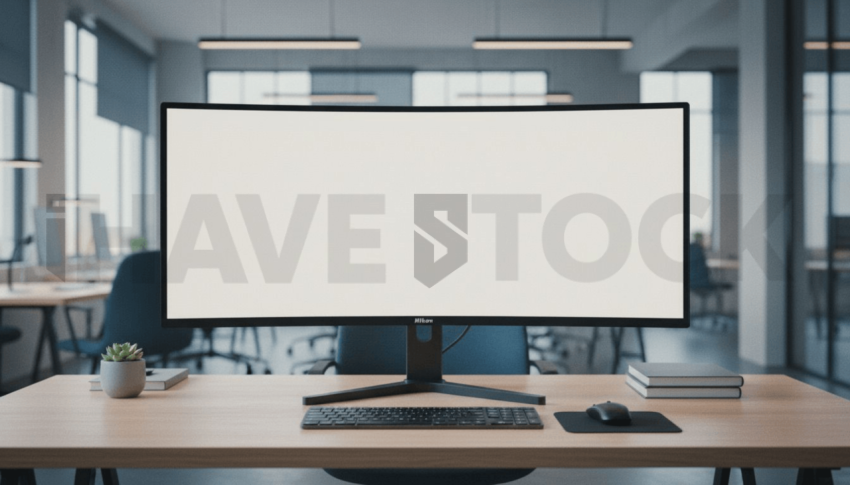 Cinematic landing page   UI concept — ultrawide display screen 100  empty mockup screen, modern SaaS office environment — premium digital advertising asset #0179