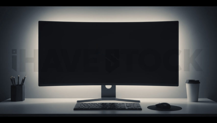 Cinematic landing page   UI concept — ultrawide display screen 100  empty mockup screen, modern SaaS office environment — premium digital advertising asset #0113