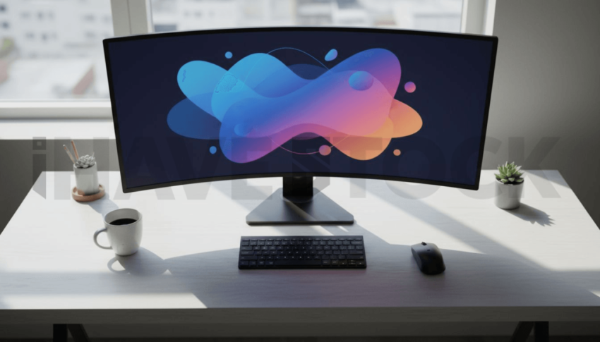 Cinematic landing page   UI concept — ultrawide display screen UI concept screen (shape layout, no text), clean tech workspace with natural light — premium digital advertising asset #0136