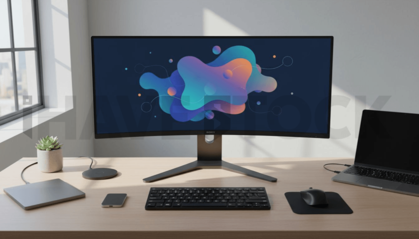 Cinematic landing page   UI concept — ultrawide display screen UI concept screen (shape layout, no text), clean tech workspace with natural light — premium digital advertising asset #0182