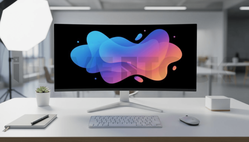 Cinematic landing page   UI concept — ultrawide display screen UI concept screen (shape layout, no text), creative startup workspace — premium digital advertising asset #0144