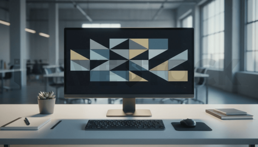 Cinematic landing page   UI concept — ultrawide display screen UI concept screen (shape layout, no text), modern SaaS office environment — premium digital advertising asset #0142