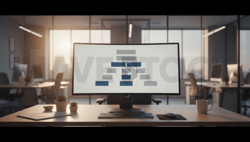 Cinematic landing page   UI concept — ultrawide display screen UI concept screen (shape layout, no text), modern SaaS office environment — premium digital advertising asset #0156