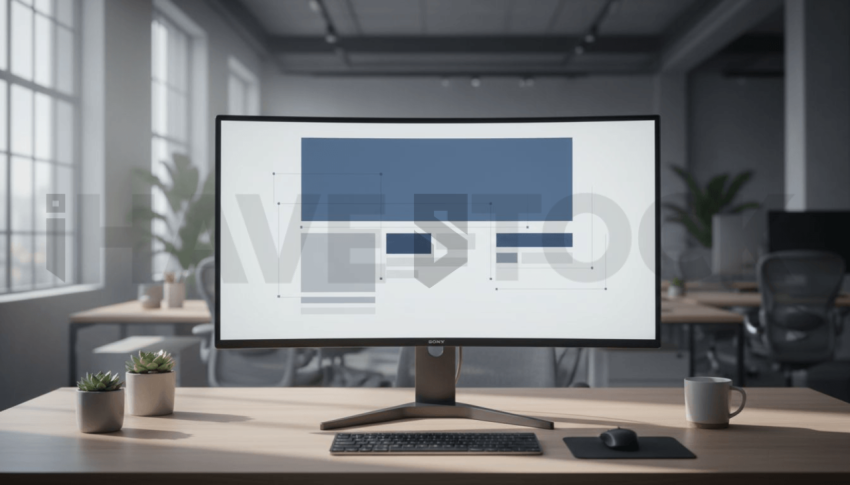 Cinematic landing page   UI concept — ultrawide display screen UI concept screen (shape layout, no text), modern SaaS office environment — premium digital advertising asset #0162