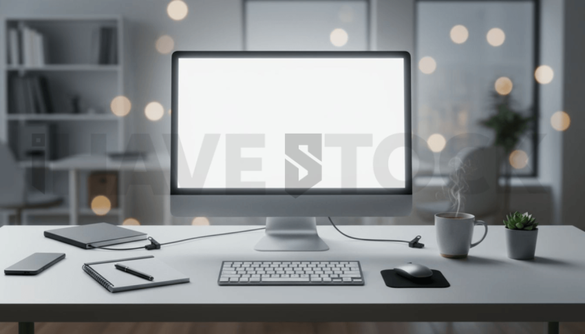 Cinematic landing page   UI concept — desktop monitor screen 100  empty mockup screen, creative startup workspace — premium digital advertising asset #0169