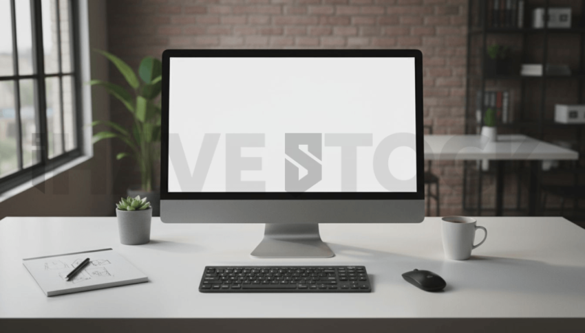 Cinematic landing page   UI concept — desktop monitor screen 100  empty mockup screen, creative startup workspace — premium digital advertising asset #0073