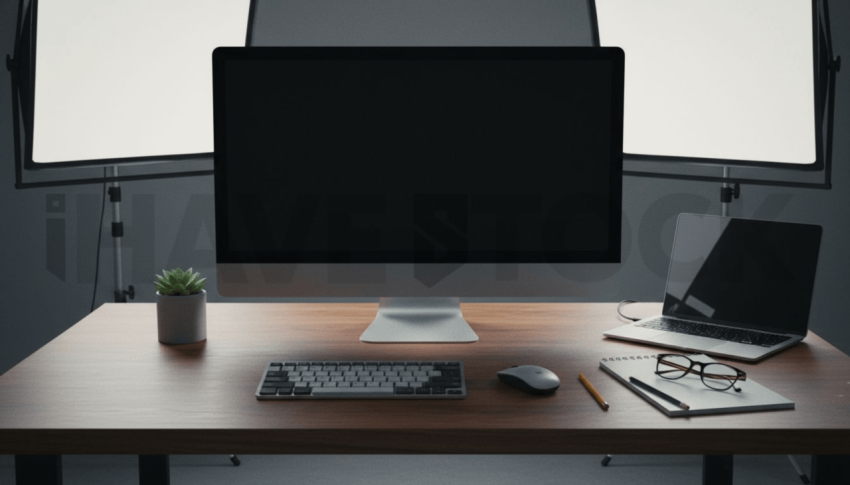 Cinematic landing page   UI concept — desktop monitor screen 100  empty mockup screen, creative startup workspace — premium digital advertising asset #0085